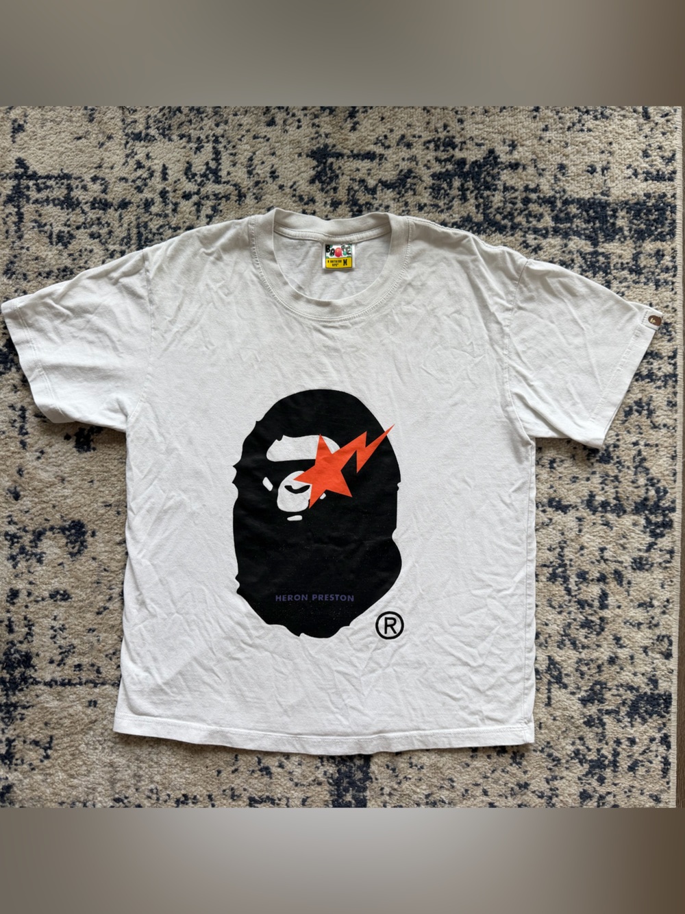 Bape White Short-Sleeve Tee with Black Ape Head & Orange Star Bolt